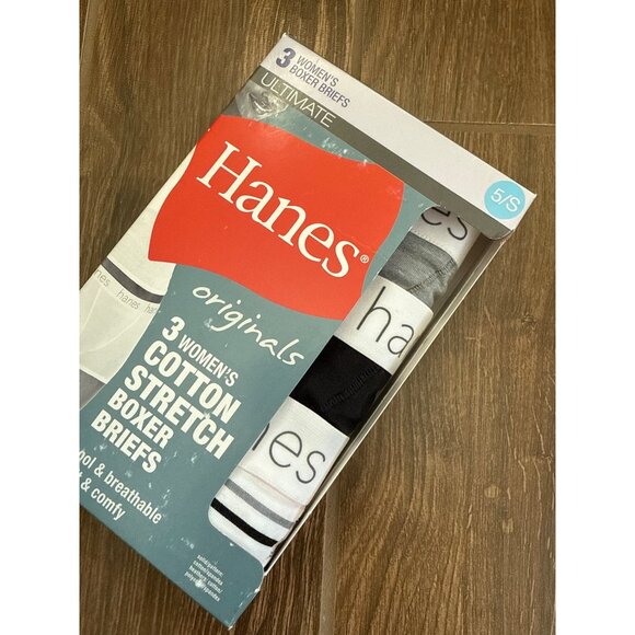 Hanes Women's Cotton Boxer Briefs 3 pairs, size small, size 5, grey, Blk, stripe - Picture 2 of 3
